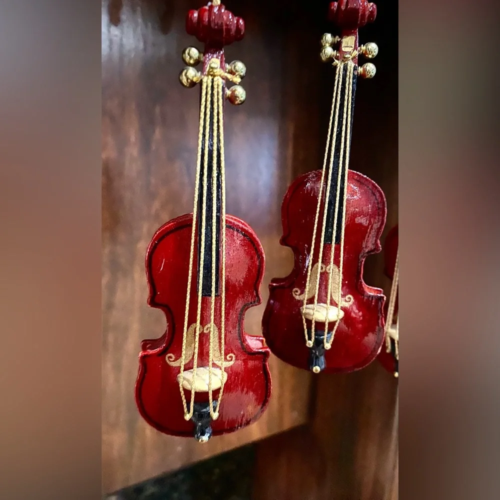 Midwest Vintage Wood Violin Set of 3 Holiday Christmas Ornaments